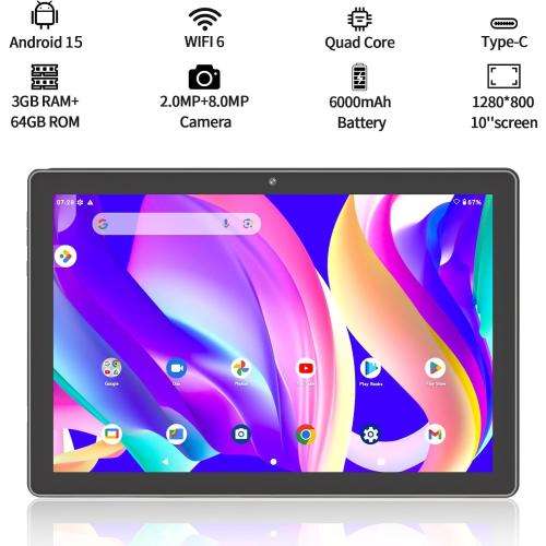 VOLENTEX 10 Inch Android 15 Tablet, 10.1 Touch Screen IPS HD Display, 64GB Pad, 2MP 8MP Dual Lens, WiFi6 Bluetooth, 6000mAh Battery (Gray)
