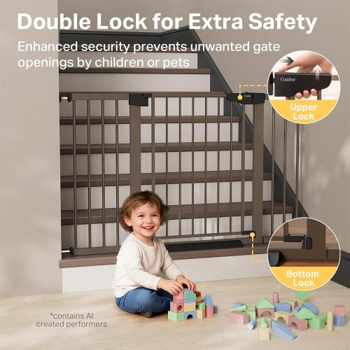 Cumbor 29.7-51.5 in Extra Wide Baby Gate for Stairs, Dog Gate Indoor Brown | Mom's Choice Awards Winner, Auto Close with Double Lock for Doorways, Child Gate for Toddlers & Pets, Pressure Mounted
