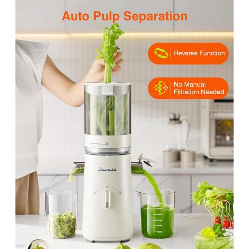 Cold Press Juicer, Zasmira Juicer Machines with Large Feeding Chute, Powerful Slow Juicer with Pulp Seperation, 99.6% Juice Purity, Easy to Clean, White