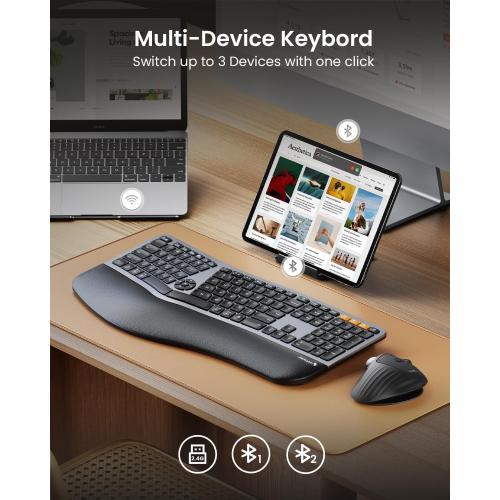 BLACK Backlit Bluetooth Ergonomic Keyboard, ProtoArc EK01 Plus Full Size Wireless Split Keyboard with Dual Bluetooth and USB, Cushioned Wrist Rest, Rechargeable for Windows/Mac/Android, Grey Black