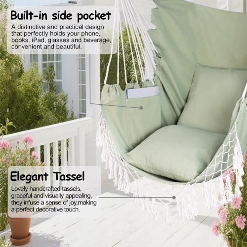 Hammock Chair Hanging Rope Swing Chair,Max 450 Lbs, Large Hanging Chair with Pocket, 2 Cushions, Steel Bar with Anti-Slip Rings, Hardware Kit Included, Comfortable for Indoor Outdoor (Green)