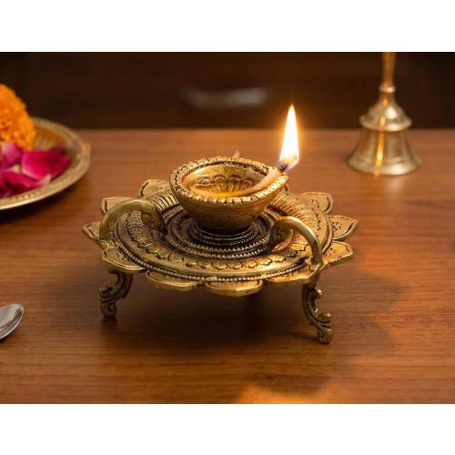 eSplanade - Lotus Shaped Round Brass Diya | Oil Lamp | Home Decor | Brass Diya | Brass Deepam | Brass Lamps | Kuthu Vilakku | Oil Lamp, Lamps for Home and Office