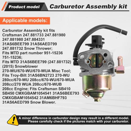 951-15236 Carburetor for Craftsman SB410 24 31AS6BEE793,Troy-Bilt Storm 2410 31BS6BN2711,Two-Stage Snow Blower