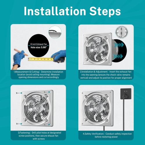 HG Power 6 Inch Exhaust Fan: Kitchen Exhaust Fans with Switch Portable Attic Vent Fan with 8 Feet Power Cord Plug-in Garage Ventilation Fan with Damper Shop Chicken Coop Basement Smoking Room Silver