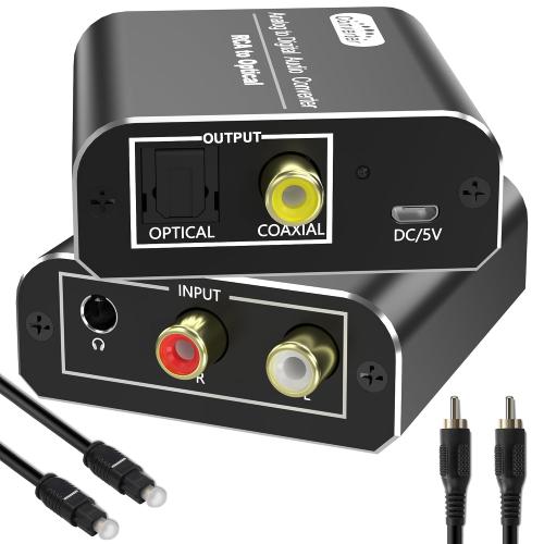 Analog to Digital Audio Converter, RCA & 3.5mm to Optical Toslink Coaxial, Stereo L/R to Digital Audio Adapter with Optical Cable, Aluminum Housing, for PS4, Xbox, HDTV, DVD, Headphones