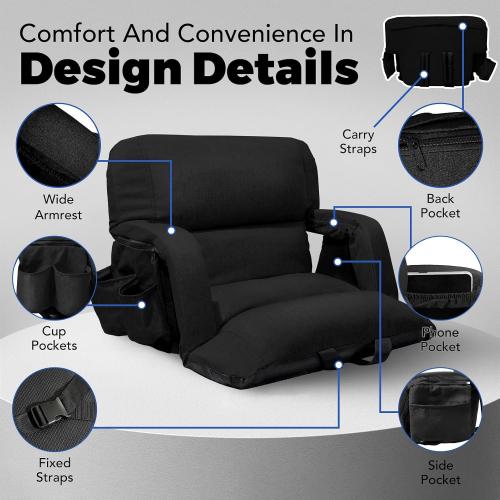 Extra Wide Stadium Seats With Back Support 2 Pack, Exclusive Sofa Style Design Thick Bleacher Chairs With Back and Cushion, 6 Reclining Positions - Ultimate Comfort for Sports Events (Black, 25)