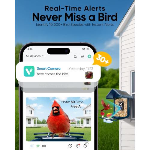 Bird Feeder with Camera Solar Powered - Smart Bird Feeder Camera 2K HD Live Stream, 5MP Photos, AI Identification for Backyard, 2.4Lb Large Capacity, Gifts for Mom Dad, Blue