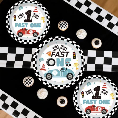 Xynic 160pcs Fast One Birthday Decorations For Boys Tableware Complete Party Set, Fast One Birthday Decorations, Blue Race Car & Car Theme 1st Party Supplies Boy, Serves 20 Guests