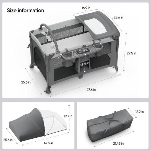 4 in 1 Baby Bassinet, Pack and Play, Bedside Crib Sleeper, Diaper Changer - Comes with Mattress, Mosquito Net, Bottom Storage and Toy Bar for Newborn to Toddles
