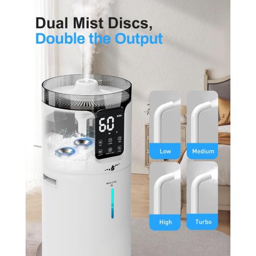 Humidifier Large Room, 4.2 Gal/16L Large Humidifier for 1500 sq.ft, 360° Nozzles Cool Mist Ultrasonic, Top Fill Tower Humidifiers for Bedroom Office Plant wholehouse with Extension Tube, Night Light
