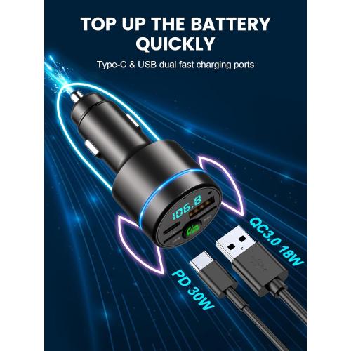 FM Transmitter for Car Bluetooth 5.3, [All-Metal] PD 30W & QC3.0 18W Fast Car Charger, Wireless FM Radio Car Kit Bluetooth Car Adapter, Noise Cancelling Hands-Free Call, Blue Light - Black