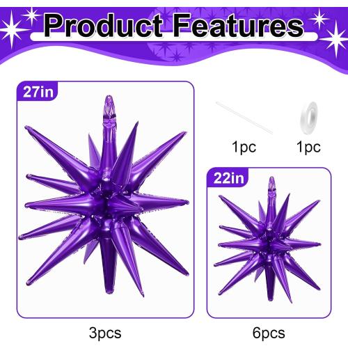 9Pcs Dark Purple Star Balloons, Large Explosion Star Foil Balloons, Metallic Purple Mylar Spike Balloon for Birthday Wedding Anniversary New Year Christmas Graduation Party,3 Pcs 27Inch & 6 Pcs 22Inch