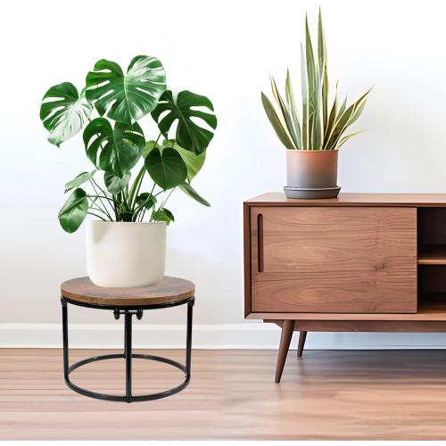 ARTORA Plant Stand Indoor Short Plant Shelf Mid Century Metal and Wood Stool Flower Pot Holder Modern Plant Display Low Rack for Living Room Balcony Garden Patio(Black&Brown)