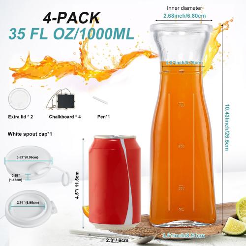 Glass Carafe, 1 Liter Carafe for Mimosa Bar, 4 Pcs, Square Pitcher with Lid and Spout, Drink Dispenser for Parties, Cold Water, Milk, Juice Container, Tea, Wine, Cocktails (6 Lids & 1 Spout)