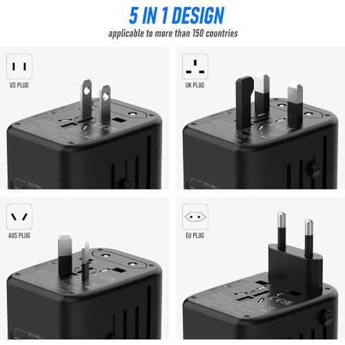 Universal Travel Adapter, VYLEE 5 in 1 International Power Adapter, 3.5A 2xUSB-A and 2xUSB C Wall Charger, Worldwide Travel Essentials Plug for Europe USA UK AUS Asia (Black Grey)