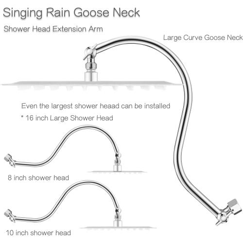 Size 15 inch Goose Neck Curved Extra Long Adjustable Shower Head Extension Arm With Locking Set Screw, Singing Rain Brass Angle Height Adjustable, G1/2 Universal Connector Compatible (Chrome Finish)