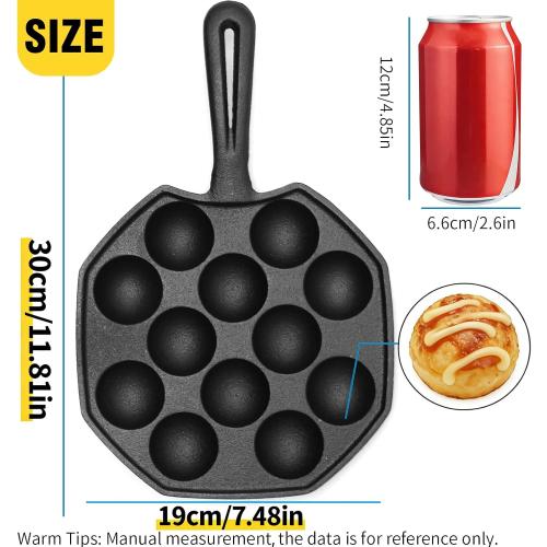 Anxingo Cast Iron Takoyaki Pan - 12 Hole Heavy Duty Square Cooking Plate Octopus Ball Maker 1.5 Half Sphere Takoyaki Maker for Baking Cooking