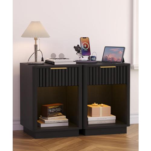 Akxomel Fluted Nightstands Set of 2, Wooden Night Stand with Charging Station and LED Light, Modern Mid Century End Table with Drawer, 15 D x 15.7 W x 22.6 H, for Bedroom, Black
