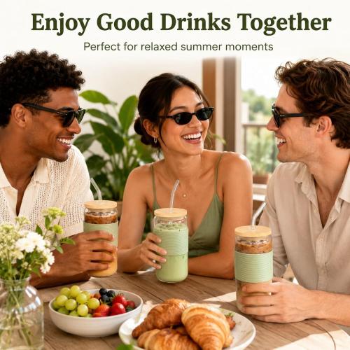 Glass Cup with Lid and Straw, Iced Coffee Cup with Bamboo Lid, 16 oz Reusable Glass Tumbler with Sage Avocado Green Silicone Sleeve for Matcha Latte, Cold Brew and Milk Tea