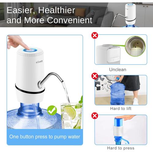 Water Pump for 5 Gallon Bottle, USB Charging Automatic Water Dispenser with Rechargeable Battery, Portable Electric Drinking Water Jug Pump for Home, Kitchen, Living Room, Office, Camping - White
