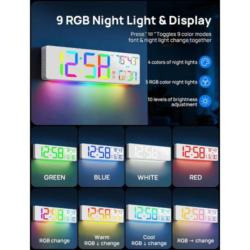 18.5 Large Digital Wall Clock, Big LED Display Clocks with Remote Control, Digital Clock with Night Light, Alarm, Countdown, DST, Temperature for Living Room Bedroom Office, Gift for Seniors (White)