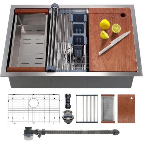 27 Inch Undermount Kitchen Sink with Quiet Drain - 11 Gauge Stainless Steel, Single Bowl - Multifunctional Handmade Modern Integrated Ledge Workstation Set -