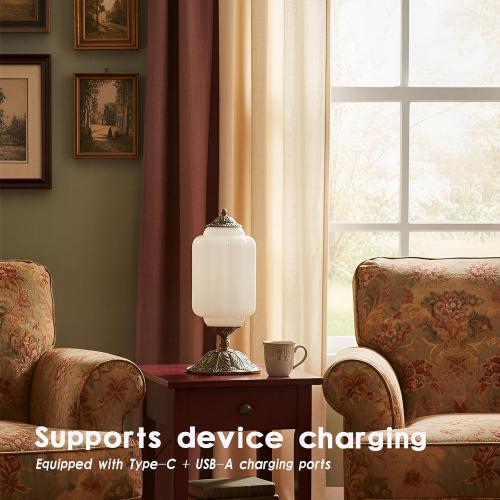 Vintage Touch Bedside Table Lamp, Elegant Milk White Glass Desk Lamp 3 Way Dimmable with USB C A Charging Ports - Bedroom Nightstand & Living Room Essential (Vintage White, 6.5)