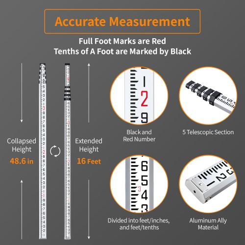 Firecore 16-Foot Aluminum Grade Rod - 10ths, 5 Sections Telescopic with Bubble Level-FLR500B