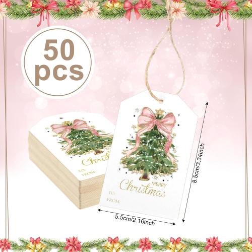 Teling 50 Pcs Christmas Gift Tags with String Pink Bow Merry Christmas Paper Gift Tags Xmas Hanging Label for Happy Holiday for Presents, Modern Paper Xmas Label(Pink Bow)