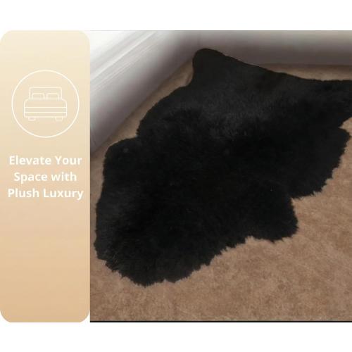 Woolous Black Sheepskin Rug, Genuine New Zealand Lambskin Wool, Real Sheep Skin Throw for Bedroom, Living Room, Sofa, or Chair (Single Pelt, 2x3 ft)