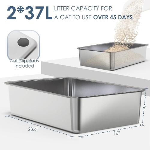 2 Pack 23.6 x 15.7 x 6 Deep & Extra Large Stainless Steel Cat Litter Boxes, High Sides Metal Cat Litter Box for Multi-Cats Big Cats XL Metal Litter Pan Tray, Non-Sticky, Easy Cleaning