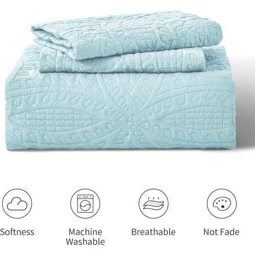 Love's cabin King Size Quilt Set Spa-Blue Bedspreads - Soft Bed Summer Lightweight Bedspread Comforter - Modern Style Coin Pattern Coverlet for All Season - 3 Pieces (1 Quilt, 2 Pillow Shams)