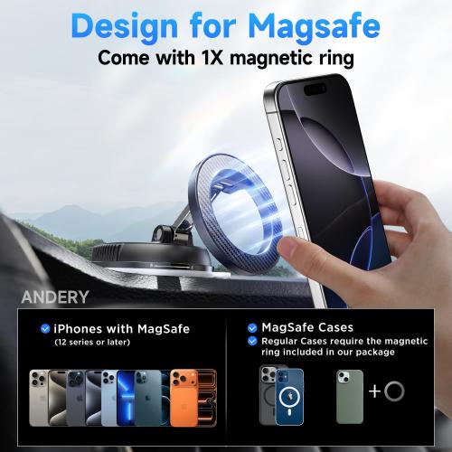 ANDERY Car Phone Holder for Magsafe [78 LBS Strongest Suction & 2400gf Strongest Magnetic] 360° Adjustable Car Phone Mount, Phone Holders for Your Car for iPhone 17-12 Pro Max Air Plus (Carbon Fiber)