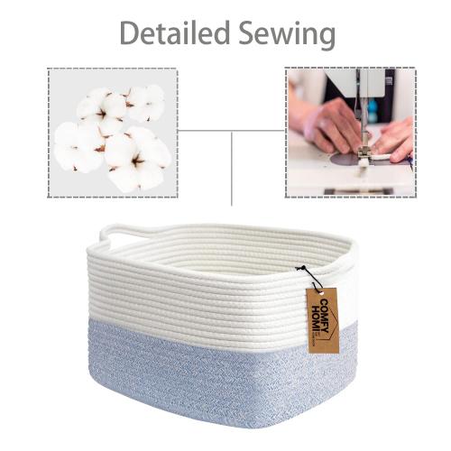 COMFY-HOMI Cotton Rope Woven Basket with Handles for shelf，Toy, Book, Cloth Storage Basket for Organizing-13.5X11X9.5 Storage Bin for Living Room, Newborn or Infant Gift for boy girl （White/blue）