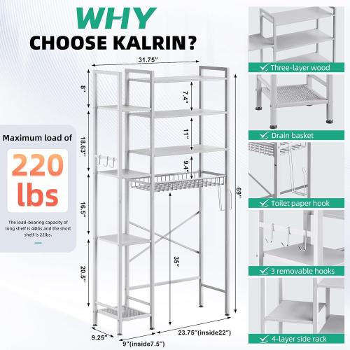 8-Tier Over The Toilet Storage with Side Rack, Over Toilet Storage Rack with Adjustable Shelf & Drain Basket, Freestanding Bathroom Organizer for Balcony, Laundry (Pure White)