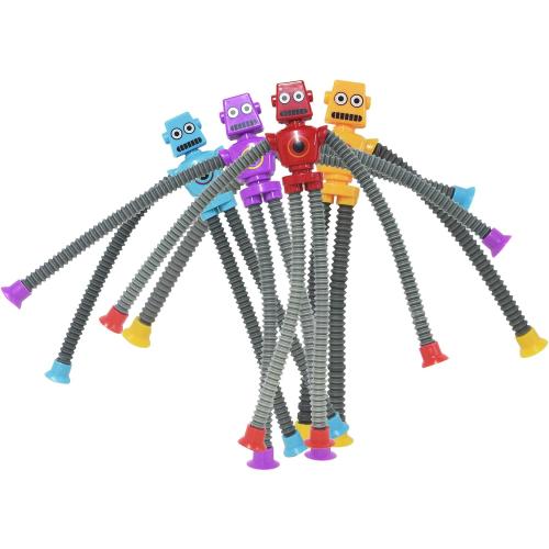Set of 4 Valentines Day Gift for Kid Toddlers Boy Year Old Age 3 4 5 6 7 8, Set of 4 Flexible Fidget Toys, Telescopic Suction Cup & Pop Tube Robot, Autistic Easter Basket Christmas Stocking Stuffers