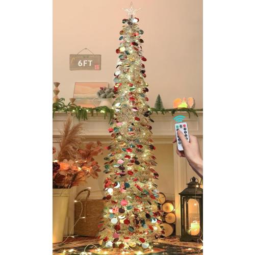 HMASYO 6 FT Pop Up Christmas Tree with 100 LED Lights & Remote, Silver Christmas Tinsel Tree, Collapsible Artificial Pencil Tree for Home Office Party Decor, USB Powered Timer Lights, Easy Assembly