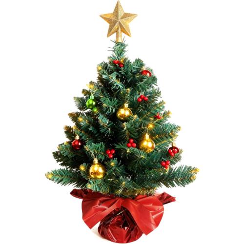 24 Inch Tabletop Christmas Tree, Artificial Mini Xmas Pine Tree with LED String Lights and Ornaments,Christmas Decoration Tree Decor-Red