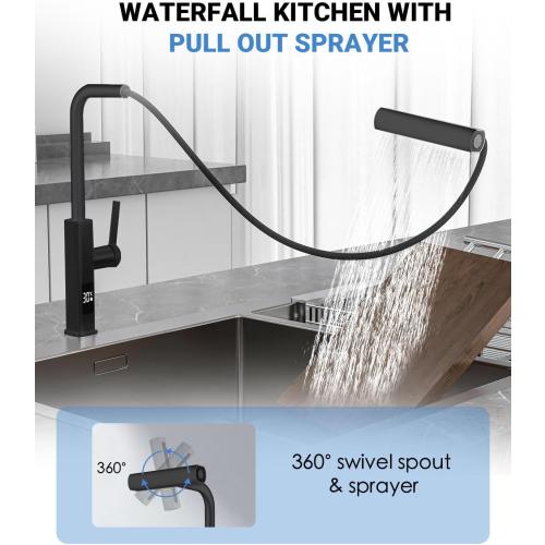 Black Kitchen Faucet with Pull Down Sprayer, Waterfall Pull Out Kitchen Faucet with Temperature(Batteries-Free), 4 Mode Faucet & 360 Swivel Spout, Single Handle Faucet for 1 Hole Sink