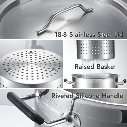 NSF 20 Quart Large Stock Pot with Lid and Basket, 18/8 Stainless Steel Cooking Pot, Commercial Cookware for Soup, Stew & Sauce, Oven Safe & Dishwasher Safe, 11.8D x 12.8W x 11.8H