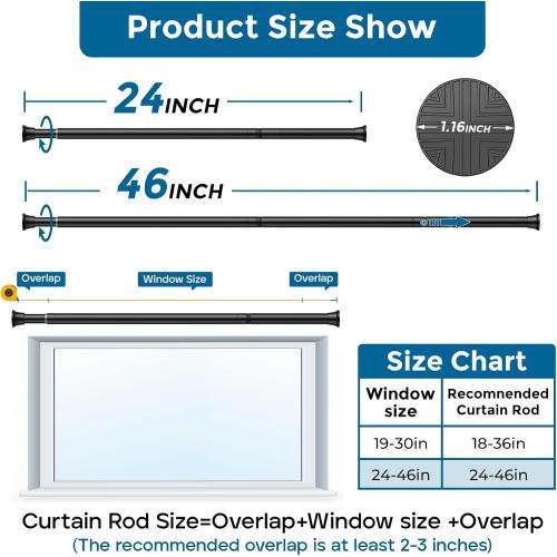 AIZESI 24-46 Inch Black Tension Rod, 4Pcs Spring Tension Curtain Rod, No Drilling, Adjustable for Window, Kitchen, Closet, Doorway