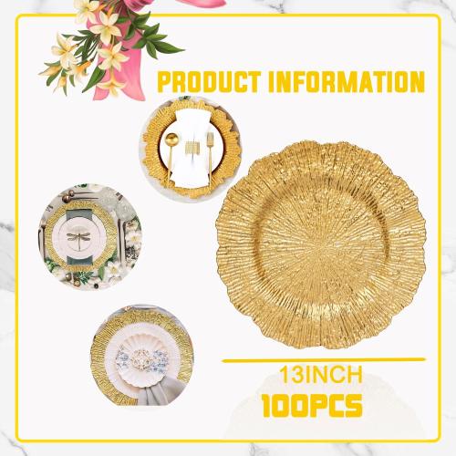100 Pcs Charger Plates Bulk 13 Inch/Gold Charger Plate 13 in Round Matte Reef Plate Charger Ruffled Rim Dinner Charger Hollow out Flower Holde (100)