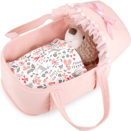 Color Pink GAGAKU Baby Doll Bassinet, Doll Carrier Doll Carry Cot Set with Canopy and Pillow Blanket for 9 10 11 12 Inch Dolls Stuffed Animals - Pink
