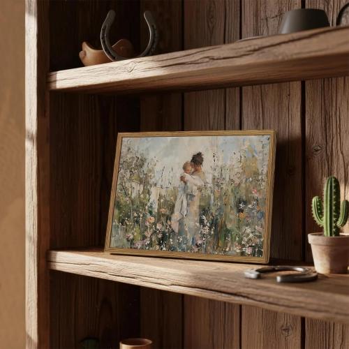 Mother Holding Child Wall Art Vintage Motherhood with Baby Wall Decor Painting Cottage Country Nursery Sign Poster Canvas Print for Kids Bedroom Living Room 24x16 inch Wood Framed