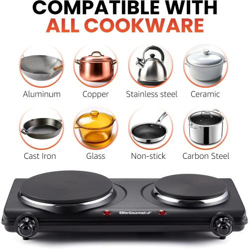 Elite Gourmet EDB-302BF# Countertop Double Cast Iron Burner, 1500 Watts Electric Hot Plate, Temperature Controls, Power Indicator Lights, Easy to Clean, Black