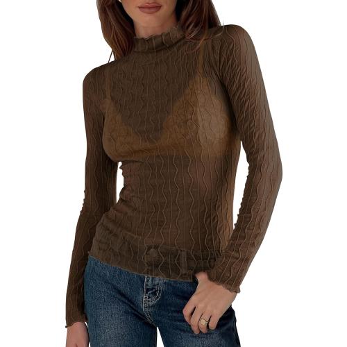 miduo Womens Small Mesh Sheer Lace Layering Top Mock Neck Long Sleeve See Through Shirt Blouses Tops