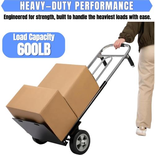 Folding Hand Truck Dolly - 600 LB Capacity, Heavy-Duty Wheels and Compact Design for Moving Heavy Loads in Warehouses, Offices, Homes, and Shopping