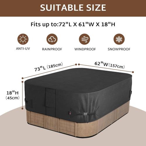 iBirdie Outdoor Waterproof Rectangular Hot Tub Cover 73 x 62 inch fit 72 x 61 or 71 x 60 or 70 x 59 SPA 600D Heavy Duty Rectangle Weatherproof Protectors Protective Cover Cap