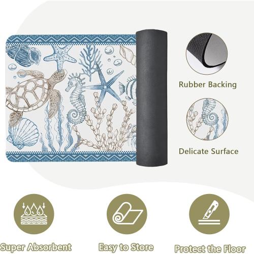 Coastal Rugs for Kitchen Floor, Beach Anti Fatigue Mats for Kitchen Floor Non Slip, 2PCS Rubber Ocean Coral Kitchen Mat, Washable Cushioned Runner Carpet for Sink Laundry 15.7×27.5  15.7×47 3.5mm