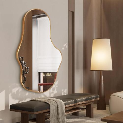 Irregular Wall Mirror - Wall Mirrors Decorative 24x 40 Asymmetrical Abstract Mirror Aviation Aluminum Alloy Frame Unique for Bathroom, Bedroom, Living Room, Cloakroom, Entryway Gold